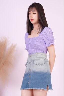 Fine Square Neck Shirred Front Button Down Eyelet Top (Purple)